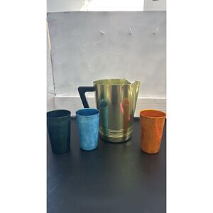 Regal Aluminum Pitcher 8" Green  and 3 Vintage MCM Aluminum Cups Glasses